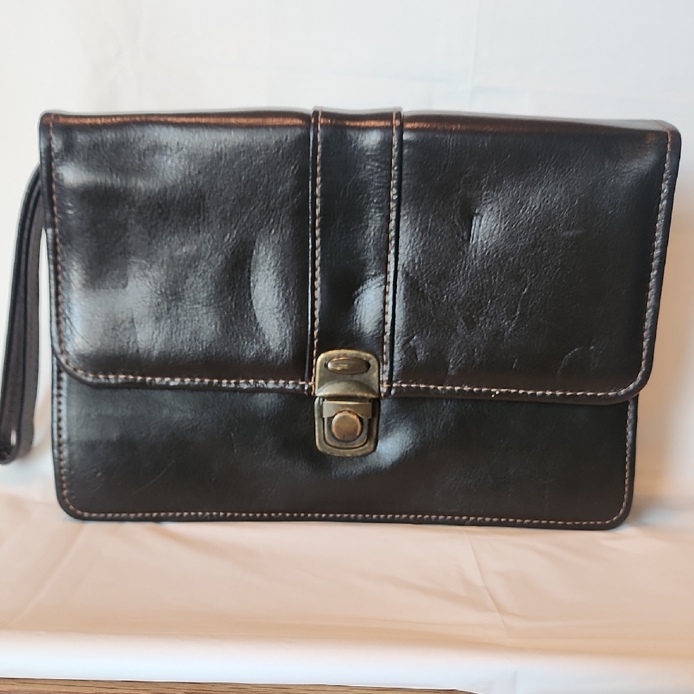 Vintage Black Leather Wristlet Clutch with Brass Clasp